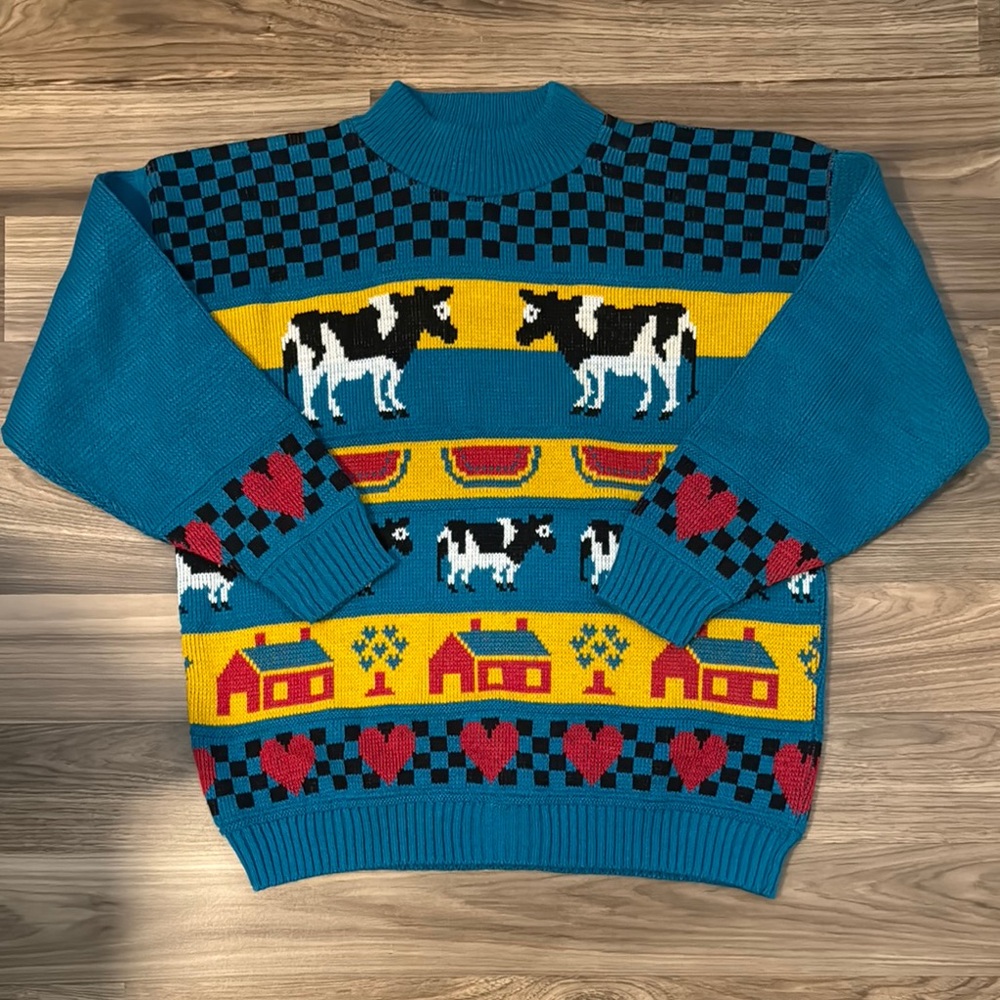 Private Eyes Vintage Teal Knit Love on the Farm Pull On Novelty Sweater 12